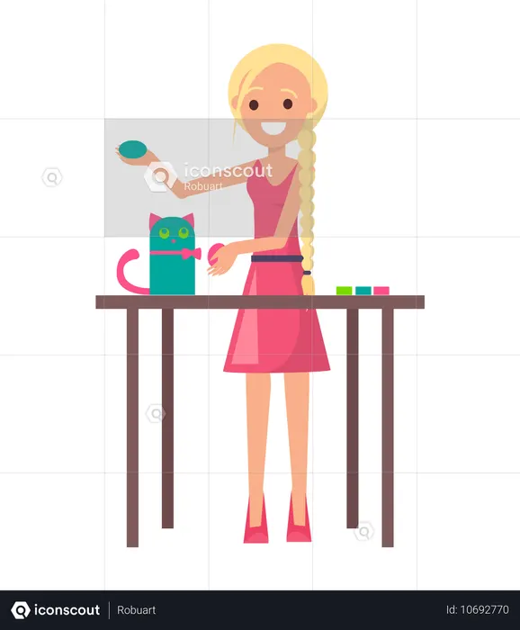 Joyful Girl with Cute Handicraft Kitten  Illustration