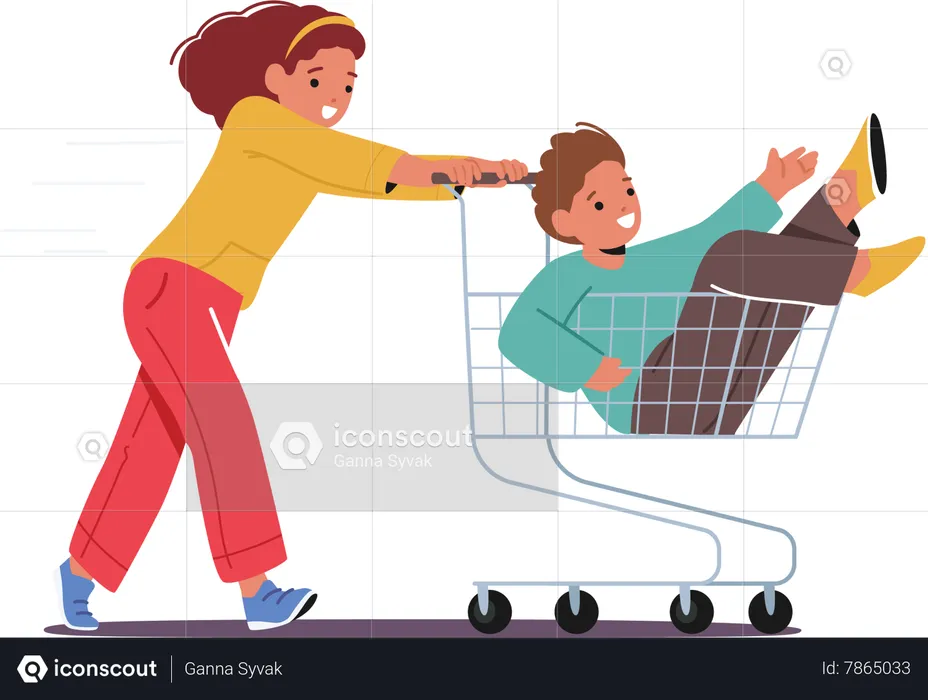 Joyful Kids Riding Supermarket Trolley  Illustration