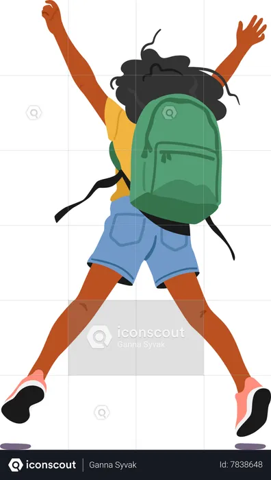 Joyful Little Child With Backpack On Back  Illustration