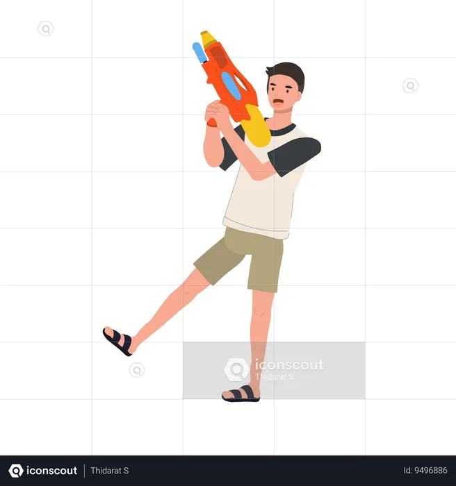 Joyful man Enjoying Songkarn Festival Water Fight  Illustration