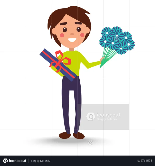 Joyful Man Holding Bouquet of Flowers and Candies  Illustration