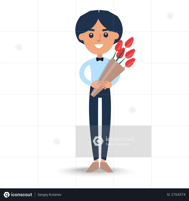 Joyful Man in T-Shirt with Bow-tie Holding Bouquet  Illustration