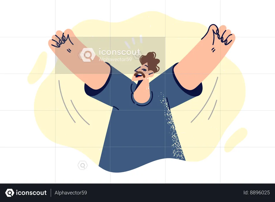 Joyful man raises hands up and shouts with happiness after winning competition or fulfilling dream  Illustration