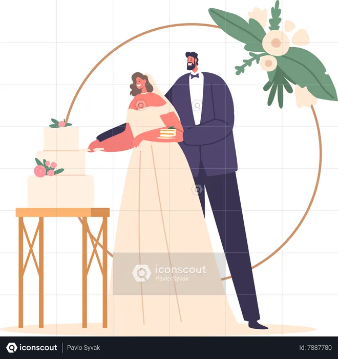 Joyful Moment As Newlywed Characters Share A Cake-cutting Ceremony  Illustration