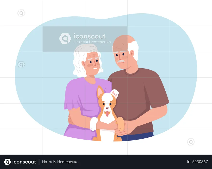Joyful retired couple with puppy in hands  Illustration