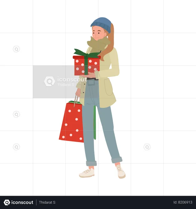 Joyful Woman Enjoying Christmas Shopping with Gift Box  Illustration