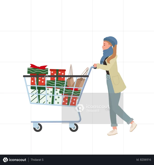 Joyful Woman Enjoying Christmas Shoppingwith full shopping cart.  Illustration