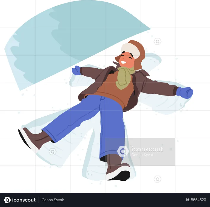 Joyous Boy Lies In Freshly Fallen Snow  Illustration
