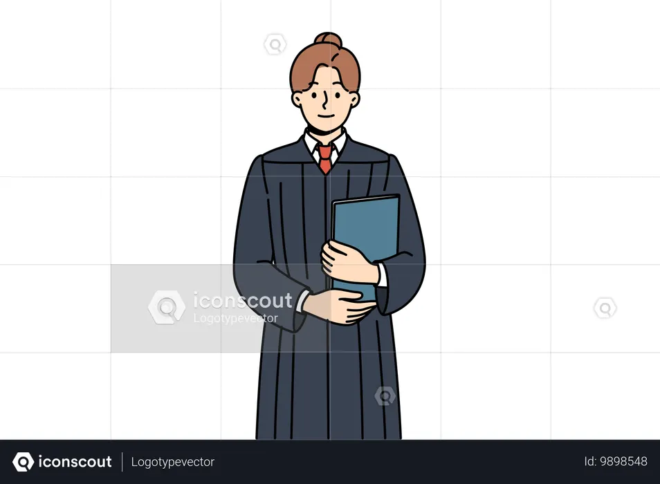 Judge woman in robe stands with book in hands  Illustration