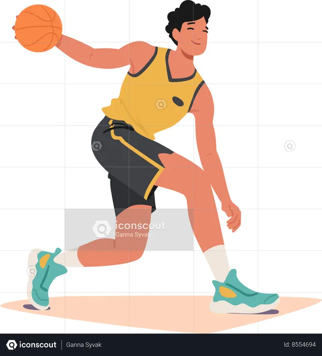 Jugador de baloncesto masculino decidido corre por la cancha  Ilustración