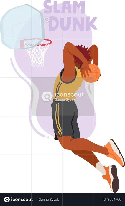 El personaje masculino del jugador de baloncesto se eleva por el aire  Ilustración