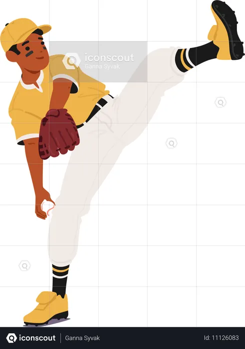 Personaje masculino de jugador de béisbol con uniforme amarillo y blanco lanzando pelota con expresión concentrada  Ilustración