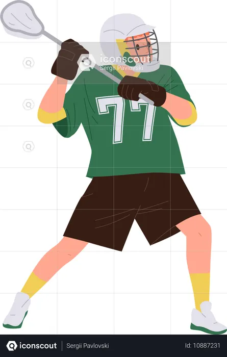Jugador de lacrosse con palo de pie en posición de protección listo para atrapar la pelota  Ilustración