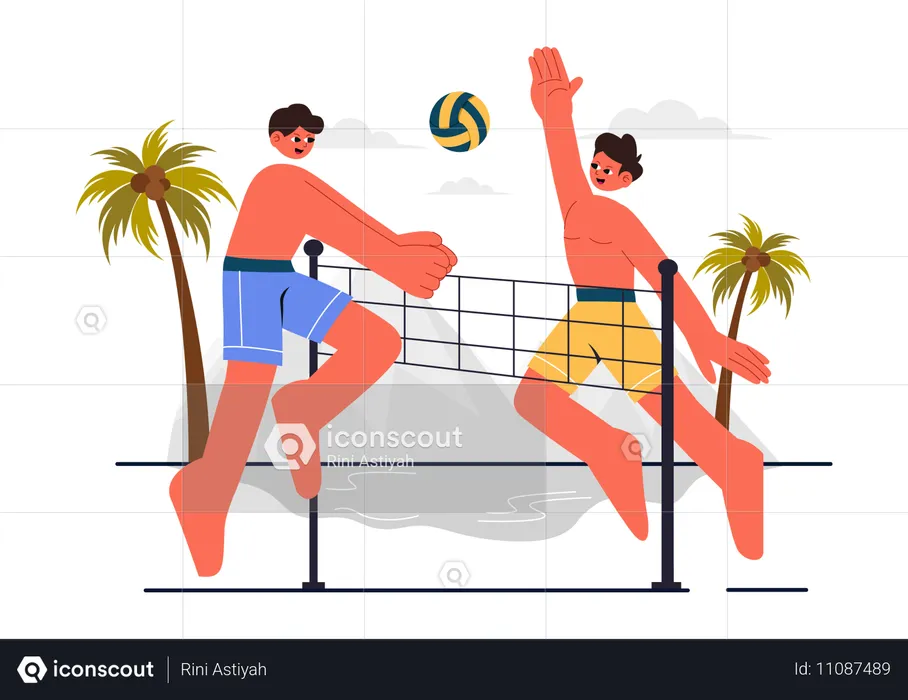 Jugador jugando voleibol de playa en terreno arenoso  Ilustración