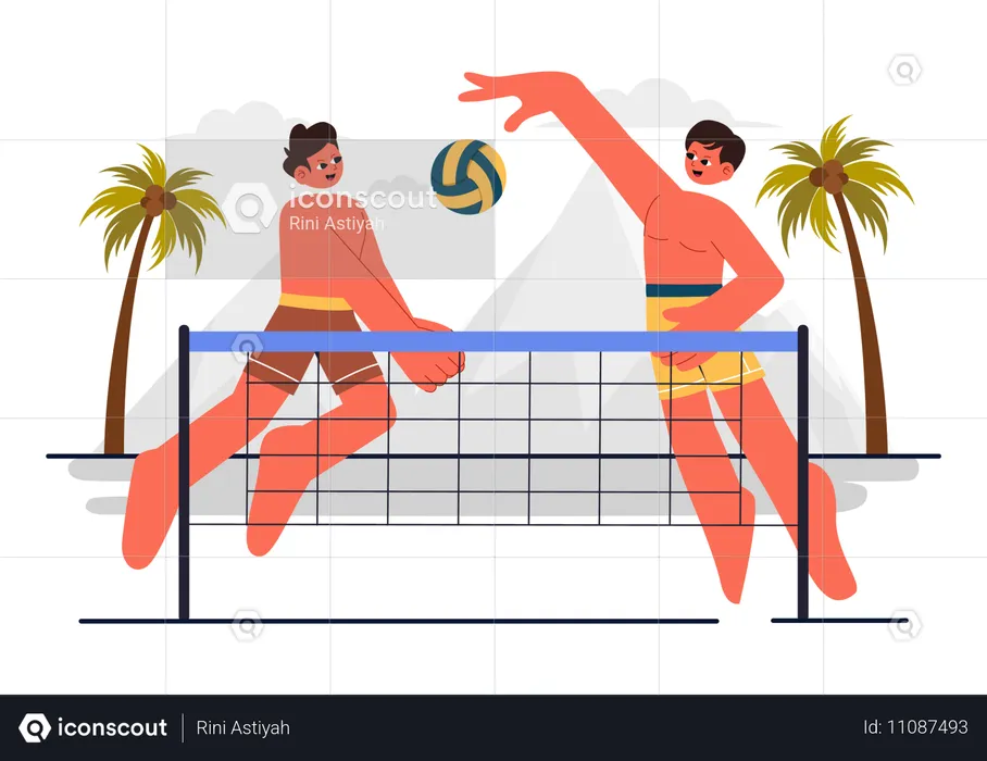 Jugador jugando voleibol en la playa  Ilustración