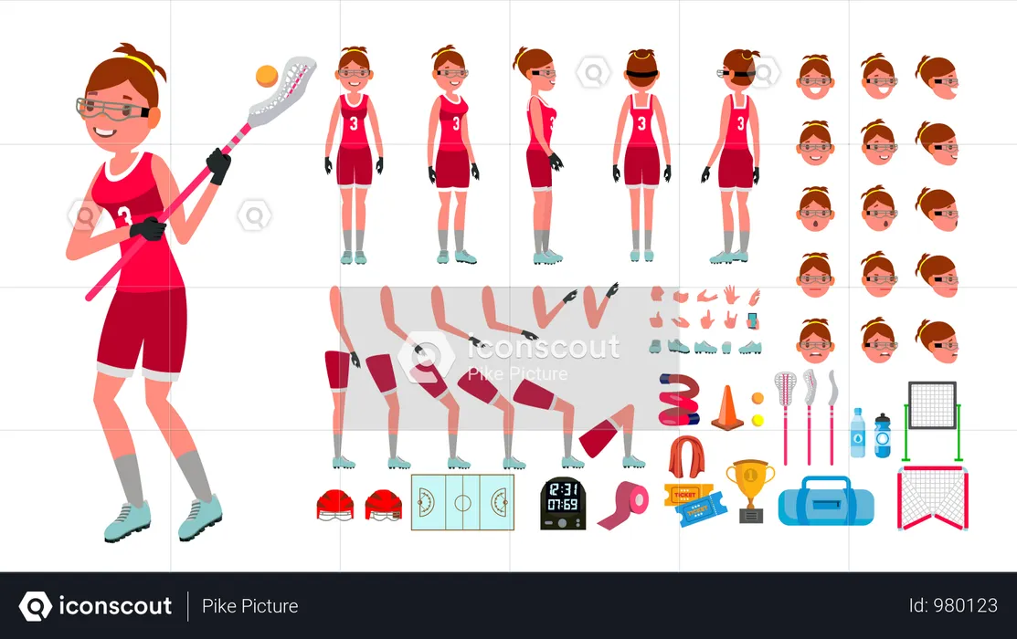 Vector femenino del jugador de Lacrosse. Conjunto de creación de personajes animados. Chica S Lacrosse. Jugadora Mujer. De cuerpo entero, de frente, de costado, accesorios, poses, emociones faciales, gestos. Ilustración de dibujos animados plana aislada  Ilustración