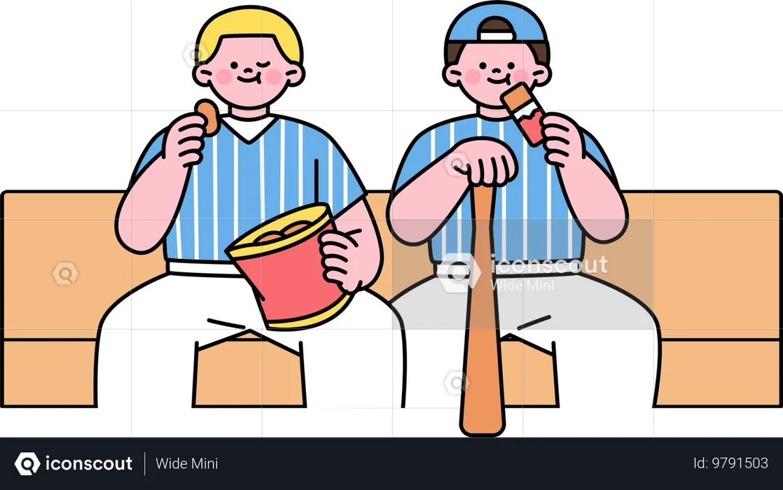 Jugadores de béisbol comiendo comida  Ilustración