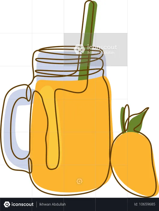 Jugo de mango fresco en vaso con pajita  Ilustración