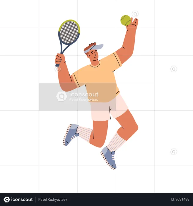 Jumping young man pitching tennis ball  Illustration