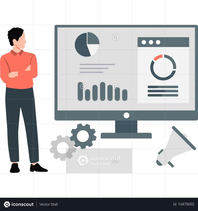 Junge analysiert Kreisdiagramm einer Website  Illustration