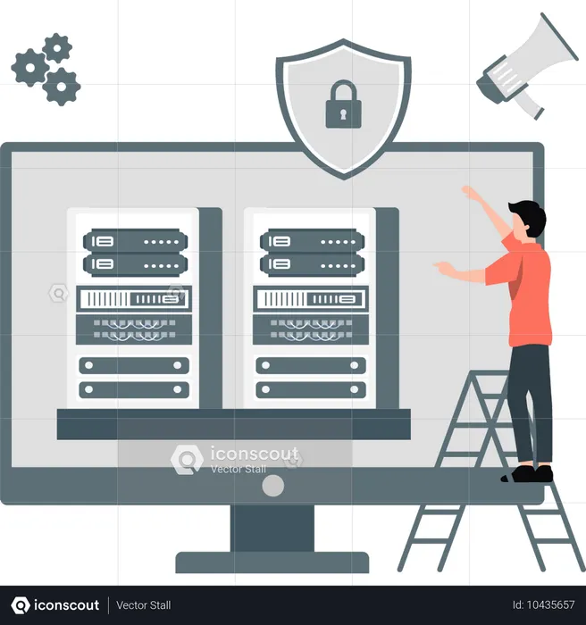 Junge arbeitet am Monitor an einem Datenserver  Illustration