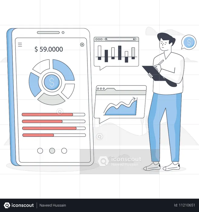 Junge arbeitet an Finanz-App  Illustration