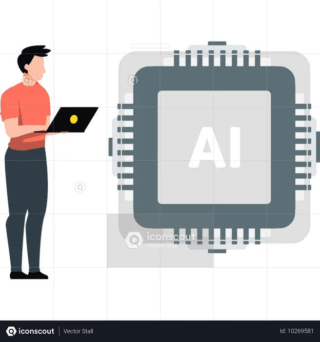 Junge arbeitet an KI-Chip auf Laptop  Illustration