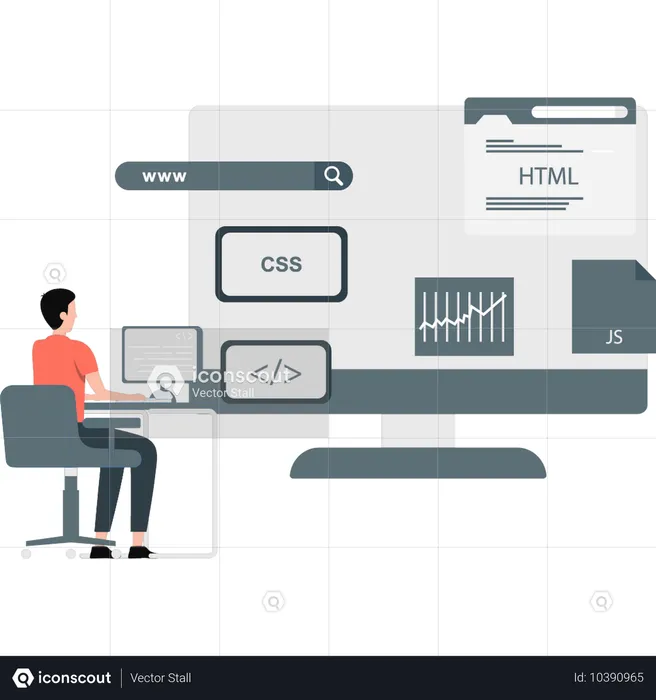 Junge arbeitet am Monitor an der Website-Programmierung  Illustration