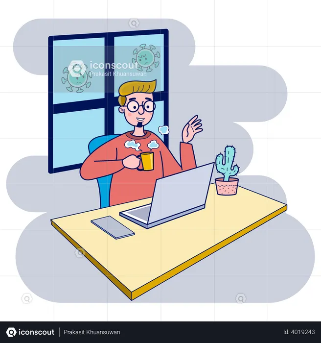 Junge arbeitet von zu Hause aus, um die Ausbreitung von Covid zu stoppen  Illustration