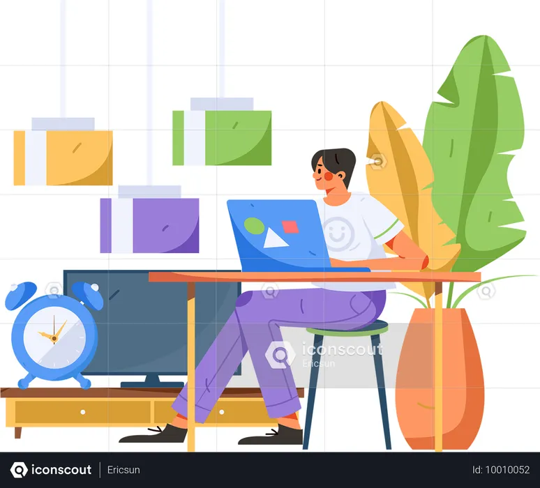 Junge arbeitet zu Hause am Laptop  Illustration