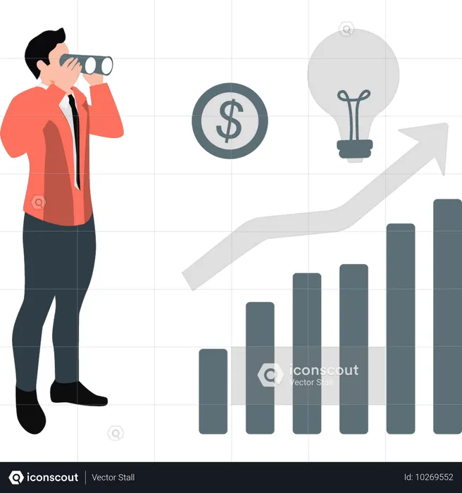 Junge schaut sich Wachstum der Grafik durch Fernglas an  Illustration