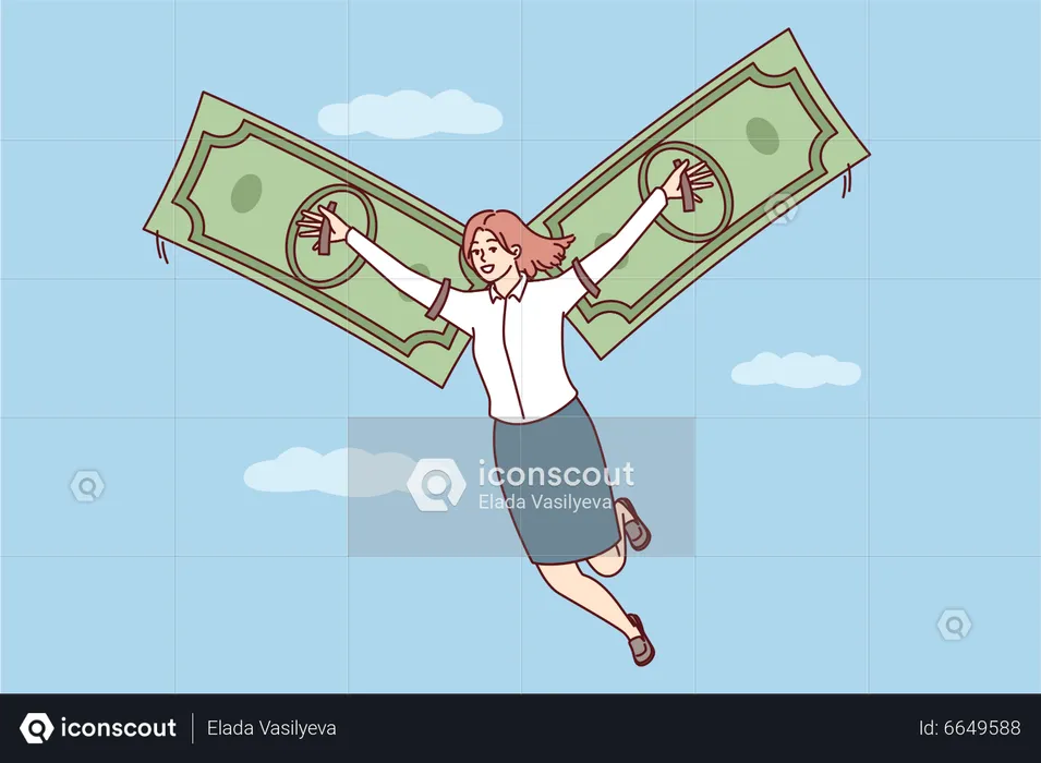 Junge Dame fliegt mit Dollarnote  Illustration
