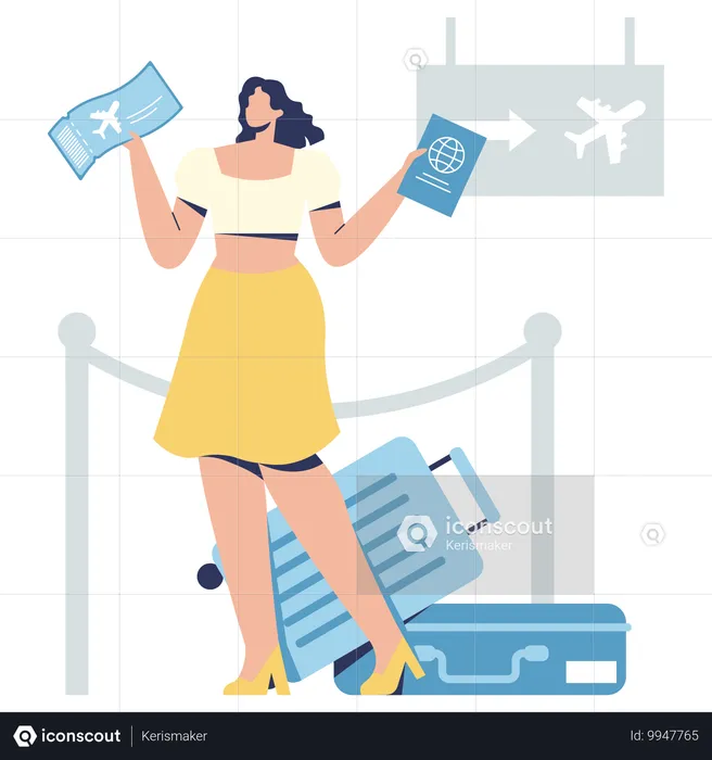 Junge Dame steht mit Bordkarte und Ticket am Flughafen  Illustration