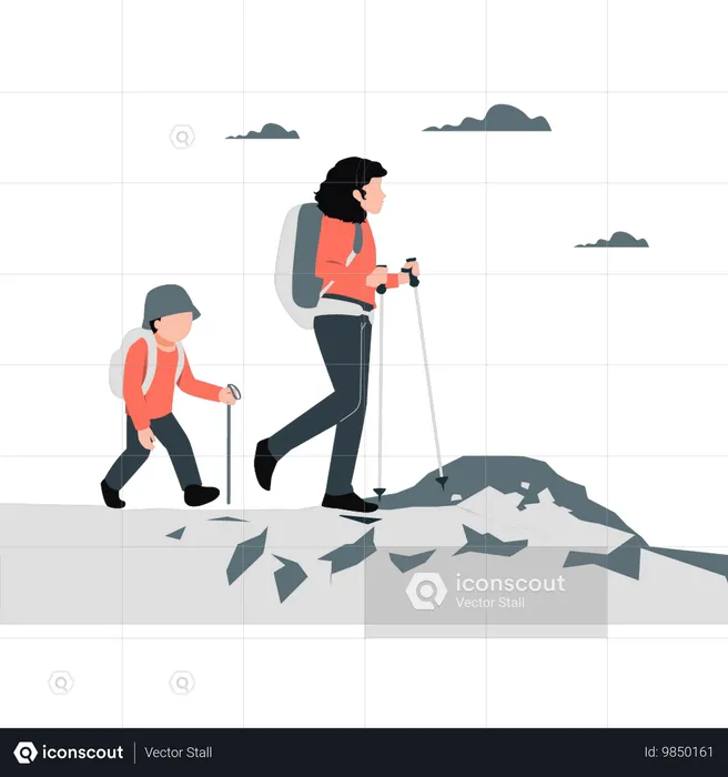 Junge Dame beim Wandern mit Kind  Illustration