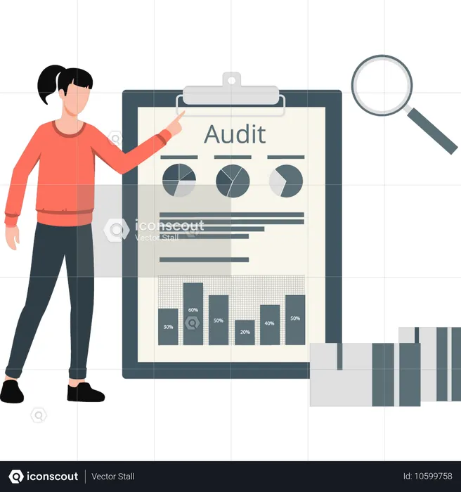 Junge Dame zeigt Audit-Kreisdiagramm  Illustration