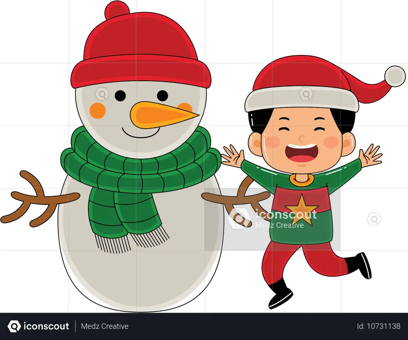 Junge schmückt Schneemann für Weihnachtsabend  Illustration