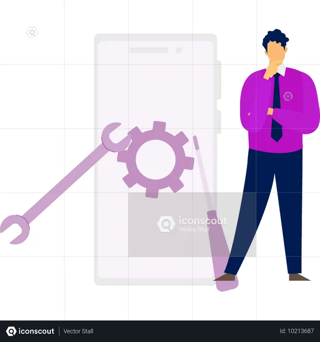 Junge denkt auf dem Handy über Bauwerkzeuge nach  Illustration