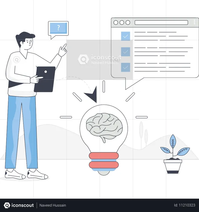 Junge denkt über neue Ideen für Technologie nach  Illustration