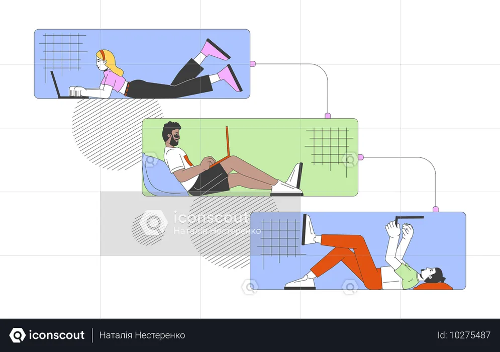 Junge Erwachsene arbeiten im Wasserfall-Workflow an Laptops  Illustration