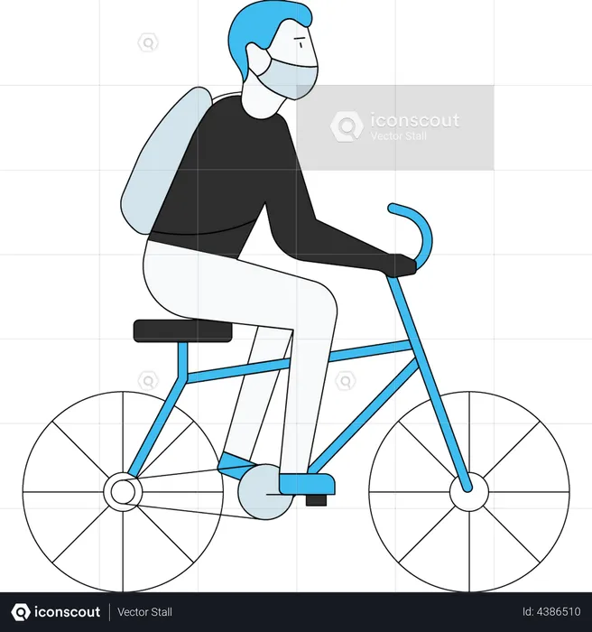 Junge fährt mit Gesichtsmaske mit dem Fahrrad zur Schule  Illustration