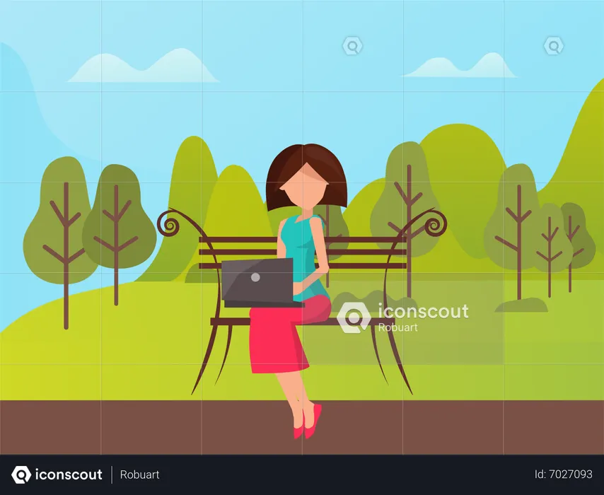 Junge Frau arbeitet am Laptop im Park  Illustration