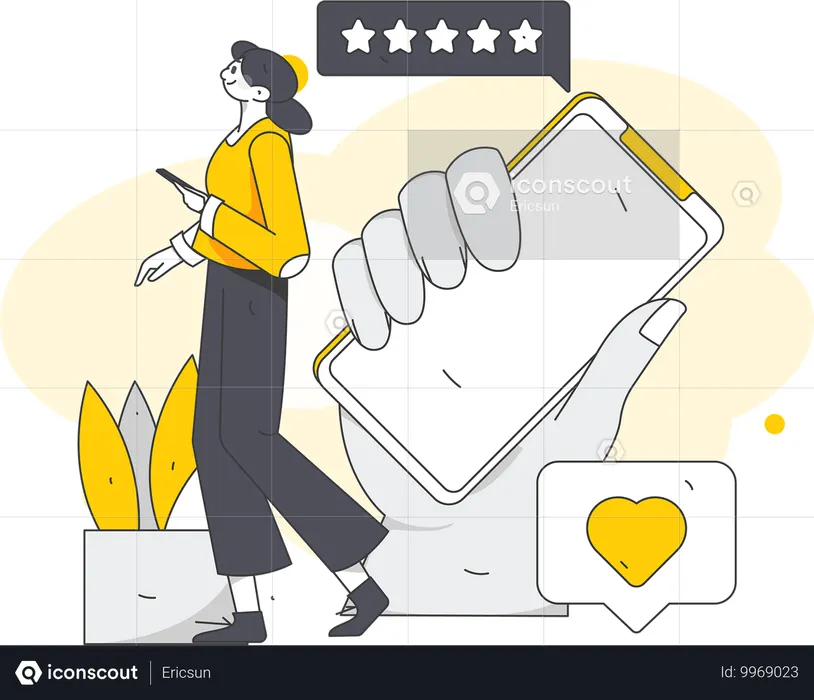 Junge Frau gibt Online-Bewertung ab  Illustration