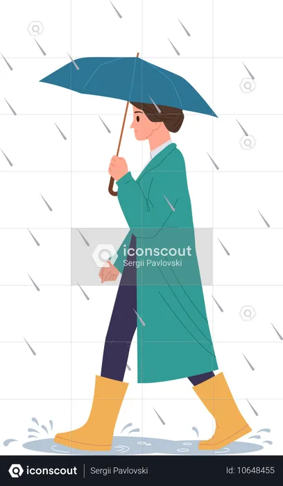 Junge Frau mit Regenschirm läuft durch Pfütze unter Regentropfen  Illustration