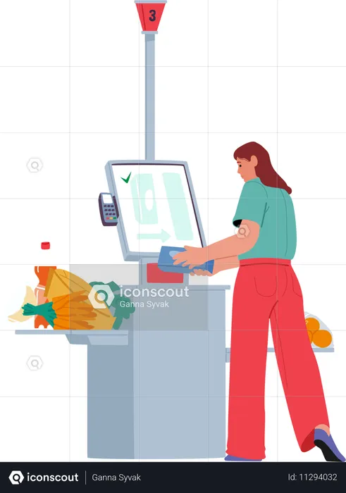 Junge Frau scannt Waren zum Bezahlen an elektronischen Self-Checkout-Automaten im Supermarkt  Illustration