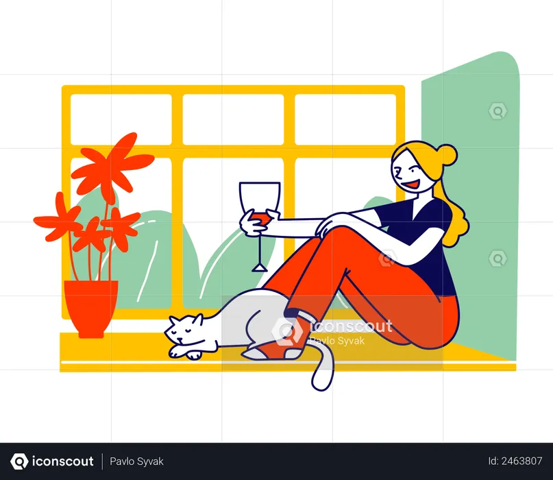 Junge Frau sitzt auf der Fensterbank mit Katze und hält ein Glas Wein  Illustration