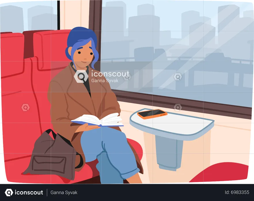 Junge Frau sitzt im Zugwaggon  Illustration