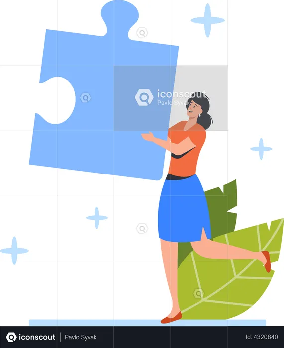 Junge Frau trägt riesiges Puzzleteil in den Händen  Illustration