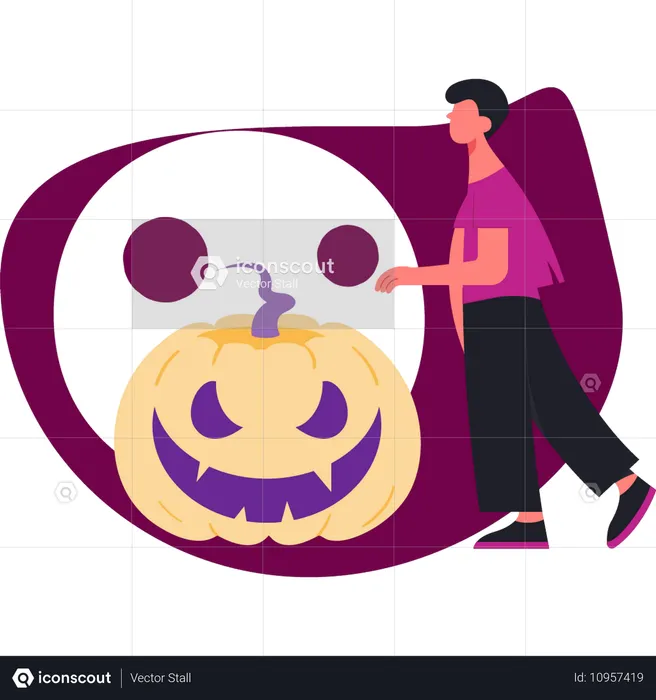 Junge läuft in der Nähe von Halloween-Kürbis  Illustration