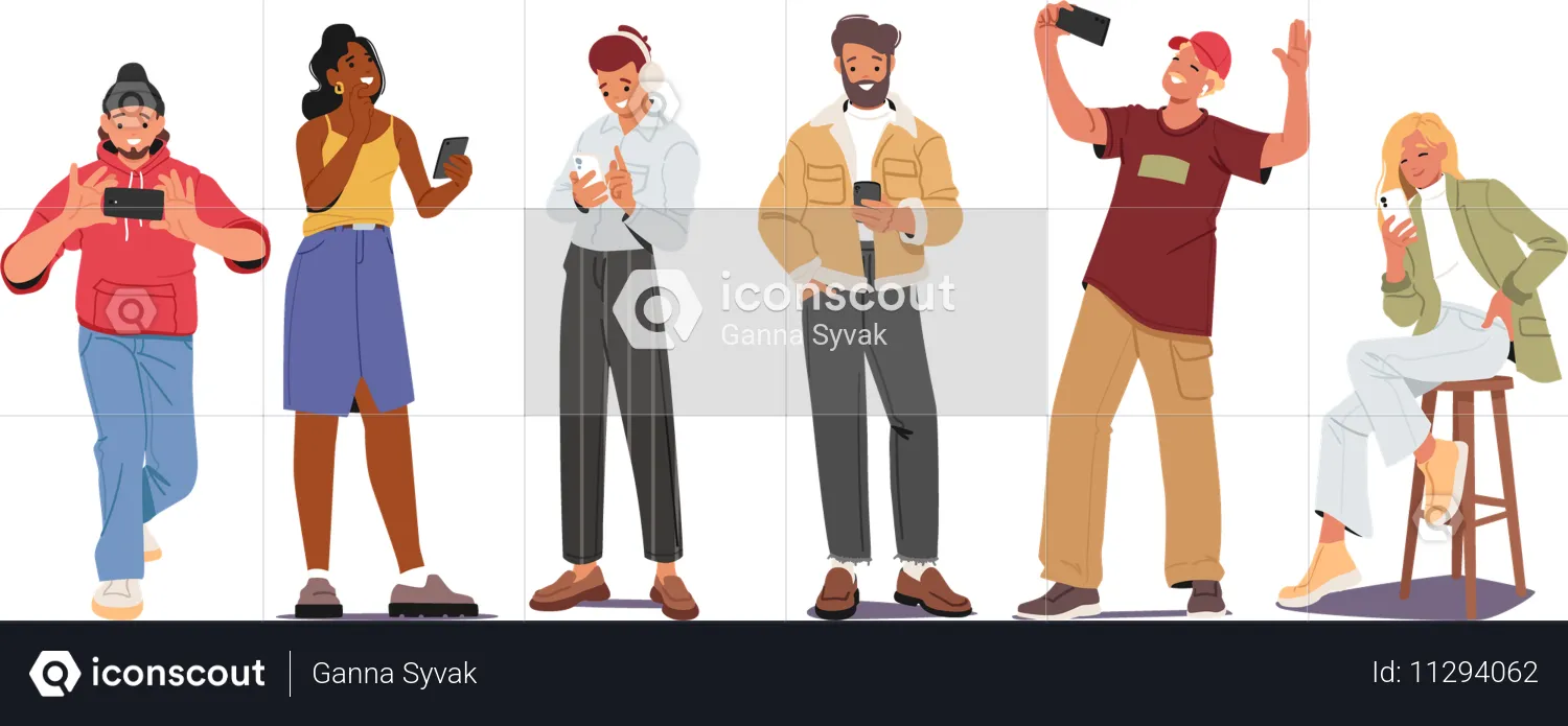 Junge Leute nutzen Smartphones und genießen verschiedene Hobbys  Illustration