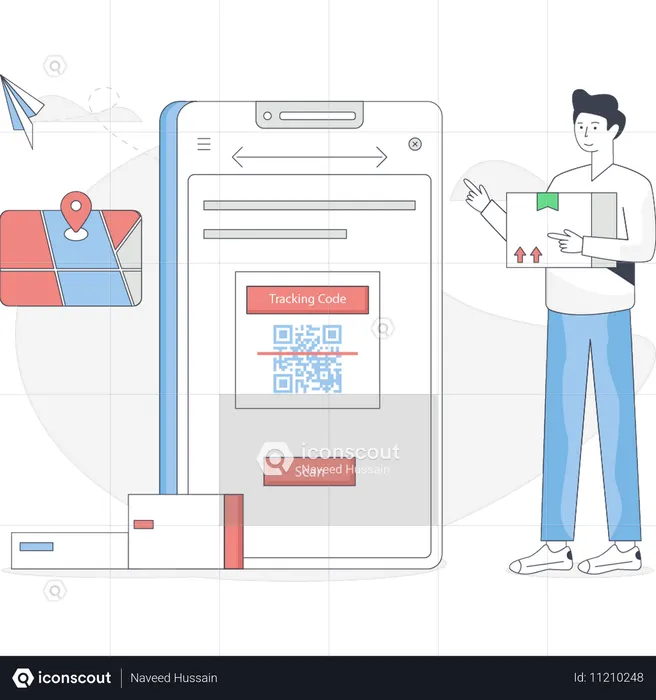 Junge liefert Paket durch Scannen eines QR-Codes aus  Illustration